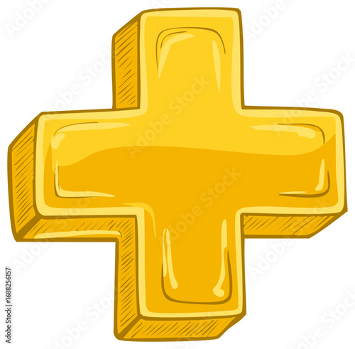Illustrated Golden Plus Sign Shape in Three Dimensions with Cartoon Style Design