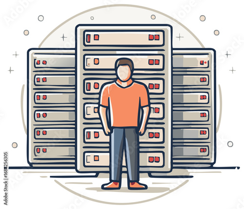 IT professional standing in front of server racks in a data center vector illustration