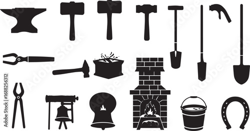 Blacksmithing Tools Forge Anvil Hammers Tongs and Horseshoe Silhouettes Keywords: blacksmith, tools, anvil, hammer, tongs, forge, furnace, horseshoe, bucket, shovel, chisel, metalworking, craft