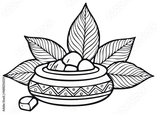 Hindu festival puja offering with decorated kalash pot, sweets, and leaves line art vector illustration