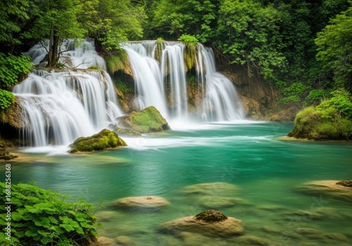 Cascading Waterfall with Turquoise Water & Green Foliage Scenery at Erawan National Park
