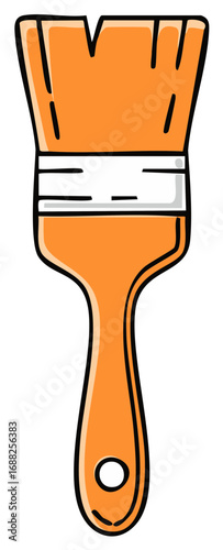 Simple illustration of an orange paint brush with a white band and a hole in the handle.