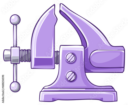 Cartoon purple workshop bench vise tool illustration for crafting and DIY projects