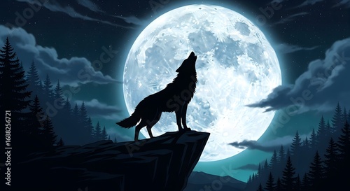 Silhouette of a lone wolf howling at a large full moon, a nighttime scene against a dark, moody sky with a forest background, illustrated in a vector style with cool