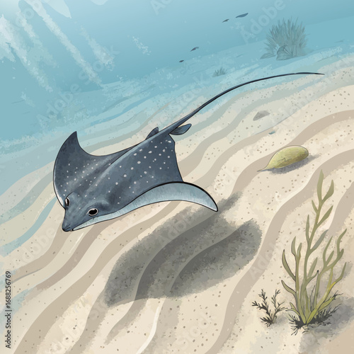 Spotted Eagle Ray Gliding Over Sandy Ocean Floor.