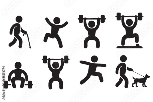 Fitness icons set with weightlifting, stretching, and exercise silhouette pictograms