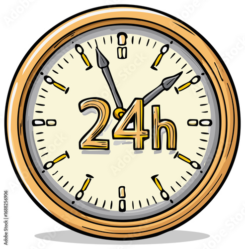 Cartoon illustration of a wall clock with a 24h text display, showing time and availability concept.