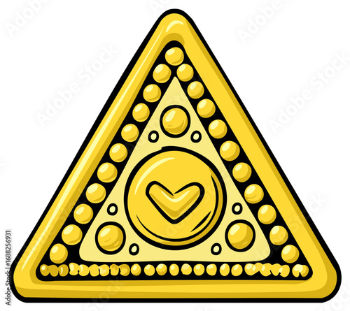Golden Triangle with Check Mark Cartoon Illustration, Confirmation Sign, Approval Icon, Symbol of Accepted and Success