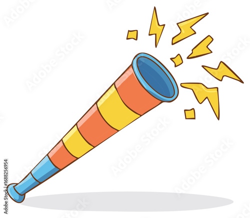 Cartoon telescope emits lightning bolts, discovery, knowledge and exploration concept