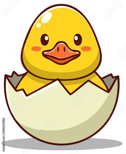 Cute fluffy yellow chick hatching from a cracked eggshell with happy expression and rosy cheeks