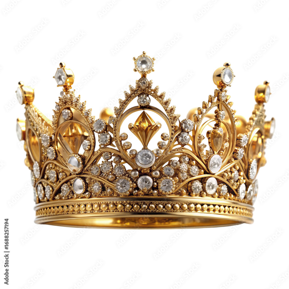 Fototapeta premium Ornate Golden Crown Adorned with Diamonds and Jewels on a Black Background