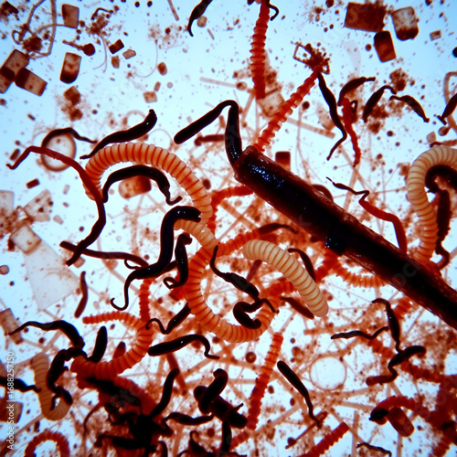 Mixed of helminthes or parasitic worm in stool, analyze by microscope