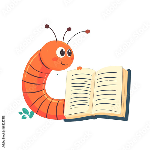 Cartoon Orange Worm Reading Book with Green Leaves on White Background