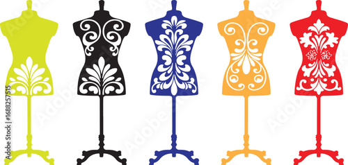 Colorful mannequins with decorative patterns in a row design