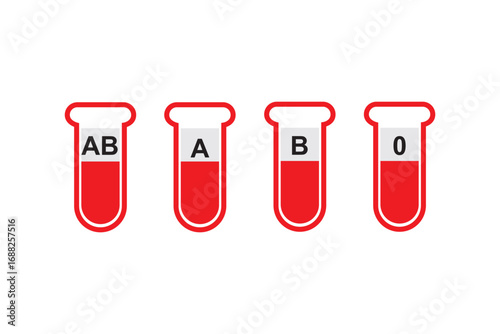 Vector illustration of four laboratory test tubes filled with blood, each labeled with a different human blood type. Clean, flat style with bold colors