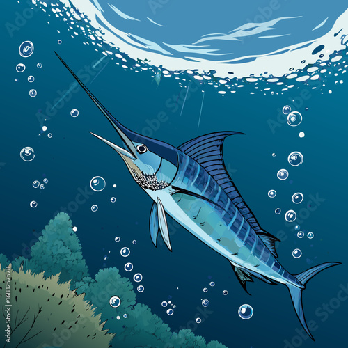 Stylized Blue Marlin Swimming in the Ocean Illustration.