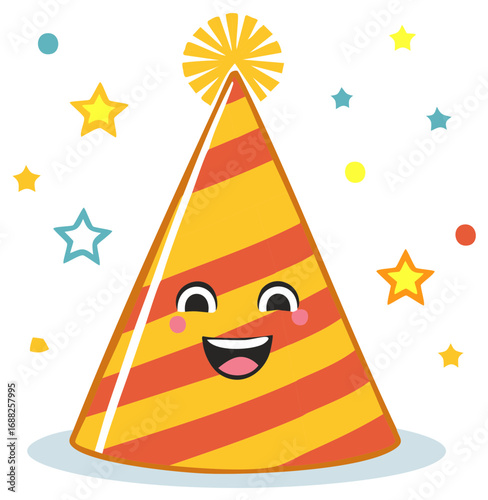 Smiling Party Hat Illustration with Stars and Confetti Festive Celebration