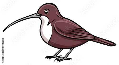A cute cartoon bird with a long curved beak and brown feathers stands plainly looking left