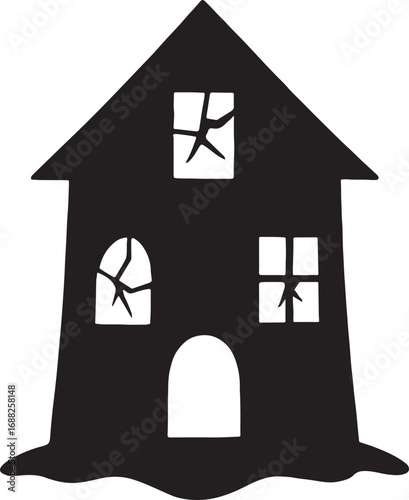 Haunted house silhouette with broken windows, perfect for Halloween, spooky design, and horror themes.