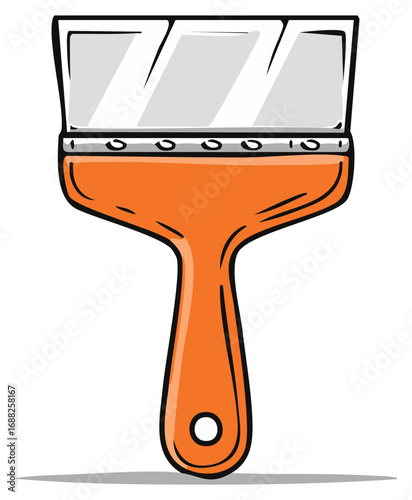 Flat paintbrush with orange handle and gray bristles for home improvement projects, home renovation, and creative painting projects