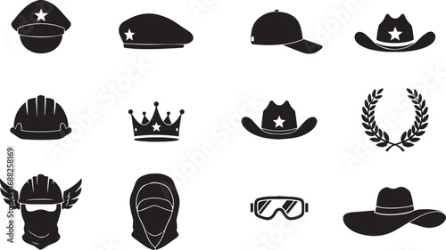 Collection of black silhouette headwear and symbols on a white background Keywords: cap, hat, helmet, crown, beret, cowboy hat, hard hat, goggles, laurel wreath, star, wings, balaclava, headwear
