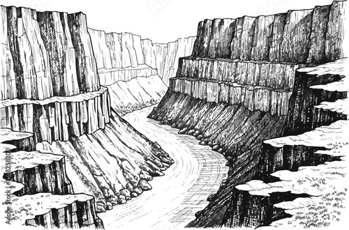 Black and White Engraving of River Canyon with Steep Cliffs