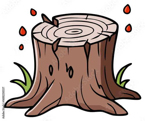 Cartoon Tree Stump with Blood Drops, Grass Around the Bottom, Tree Rings and Eyes