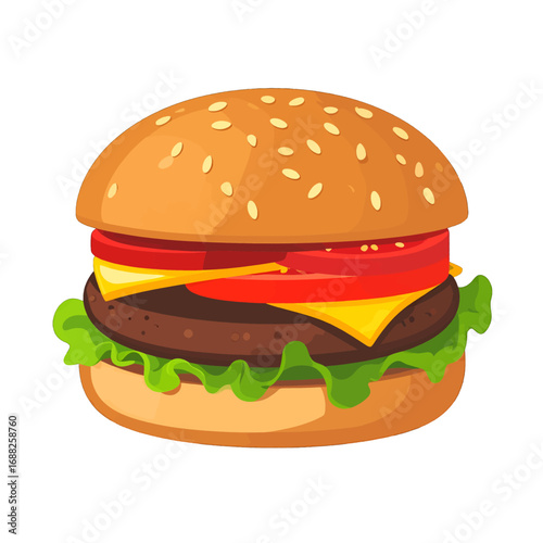 Vibrant Burger Illustration with Sesame Seed Bun Beef Patty Lettuce Tomato and Cheese on White Background
