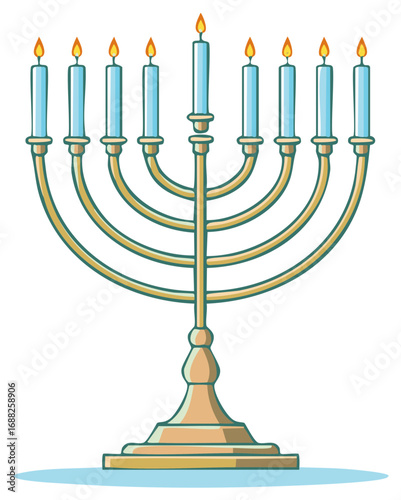 Lit menorah with nine blue candles and warm flames in a simple illustration