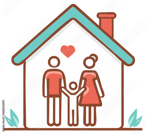 Loving Family with Child in House Icon Symbol of Home and Security