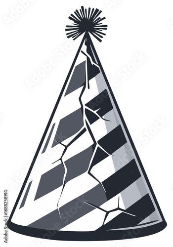 Grayscale Party Hat Illustration with Cracked Stripes and Pom-Pom Symbolizing Event Endings