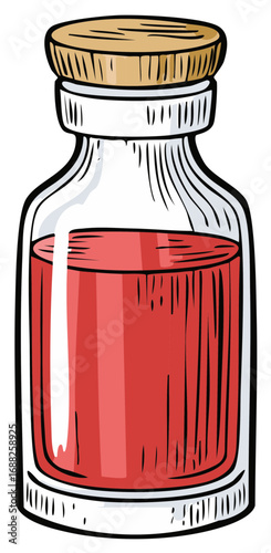 Hand drawn illustration of a glass vial with red liquid and cork stopper