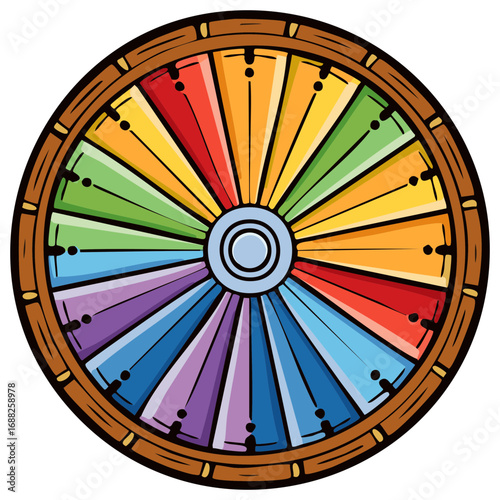 Illustrative fortune wheel with rainbow sections for games and lotteries