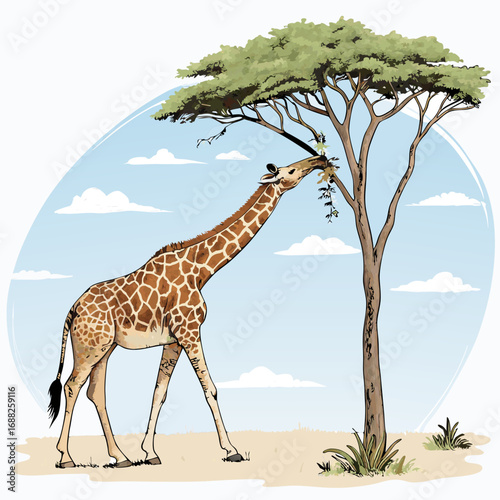 Stylized illustration of a giraffe feeding on a tree.