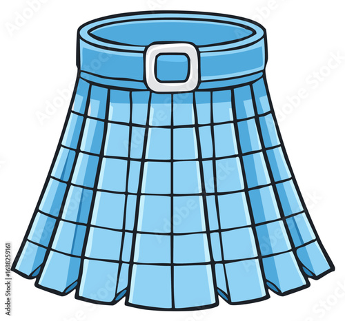 Blue plaid skirt or traditional kilt with white belt buckle cartoon graphic isolated