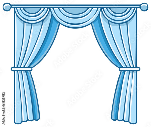Cartoon illustration of light blue curtains with a valance and rod for home decor or theatrical staging. Draperies vector illustration.