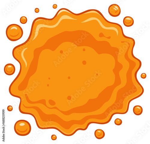 Orange liquid splash with drops, fruit juice stain and spill, cartoon style