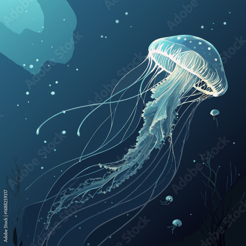 Stylized illustration of a majestic jellyfish swimming in the deep ocean.