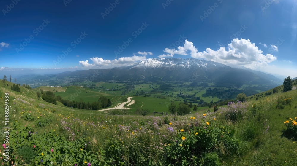 Fototapeta premium A breathtaking vista showcases a valley nestled amongst rolling hills and snow-capped mountains, bathed in vibrant sunlight and filled with a profusion of wildflowers.