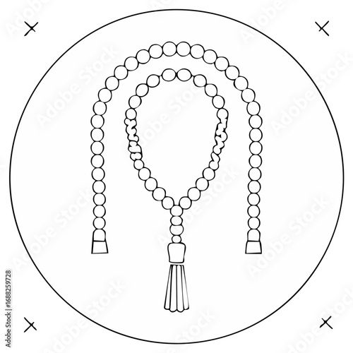 Sketch of Prayer Beads, Islamic Tasbih within a Circle Frame and Corner Accents