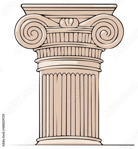 Classical Corinthian column illustration in beige color with black outline.