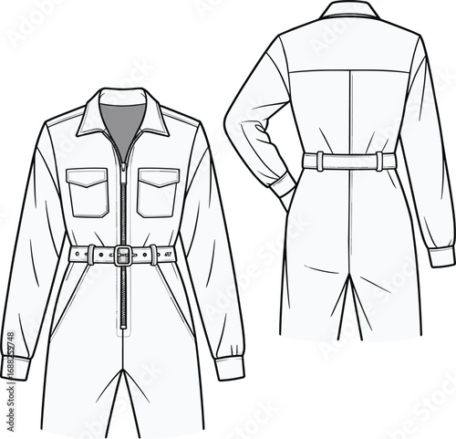 Flat vector CAD illustration of long sleeve jumpsuit with zipper front, patch pockets, belted waist, collar, front and back technical sketch