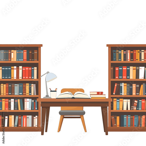 Pixelated Study Room with Brown Desk and Bookshelves on White Background