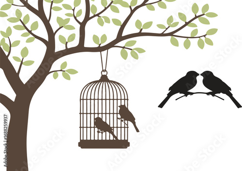 A tree with a birdcage and birds silhouette illustration