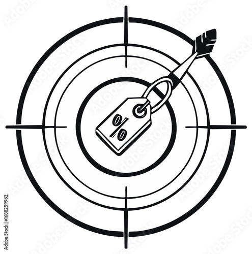 Successful target hit by a promotional dart with a discount percentage symbol