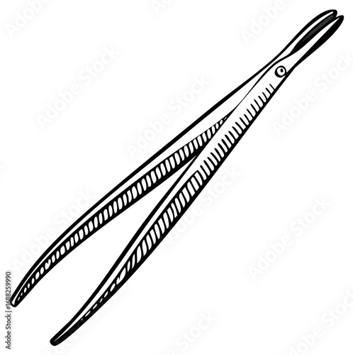 Hand drawn sketch illustration of medical forceps or cosmetic tweezers. Vector line art of an isolated precision tool.