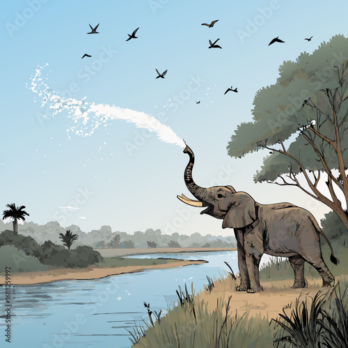Stylized illustration of an elephant spraying water by a river.