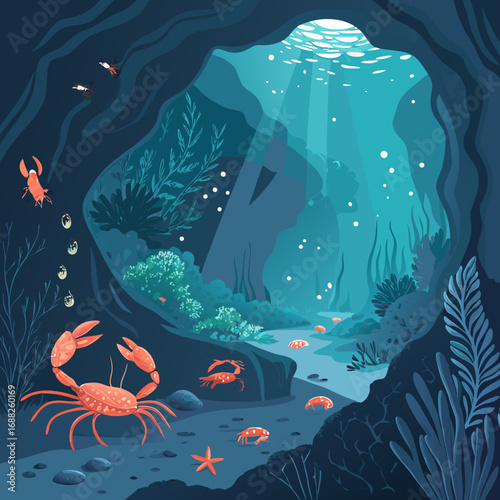 Stylized Illustration of an Underwater Cave with Marine Life.