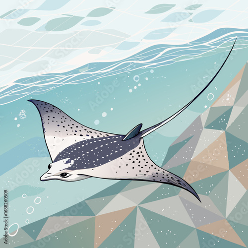 Stylized spotted eagle ray swimming underwater illustration.