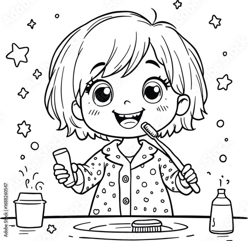 girl brushing teeth in the morning with a smile at home - Daily School Routine
